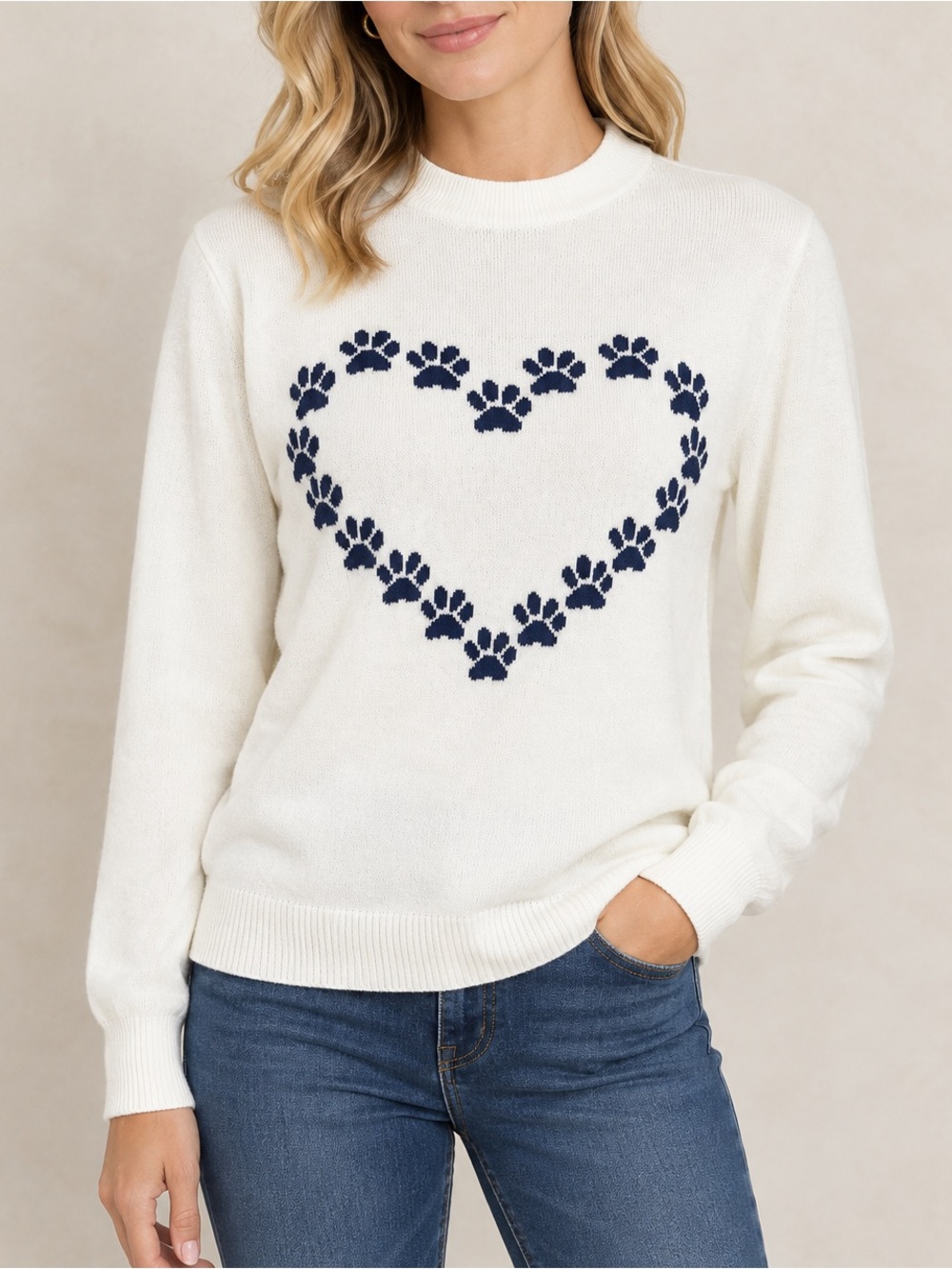 Alashan Cotton Cashmere Paw Print Heart Shape Got Treats Crew Pullover Sweater